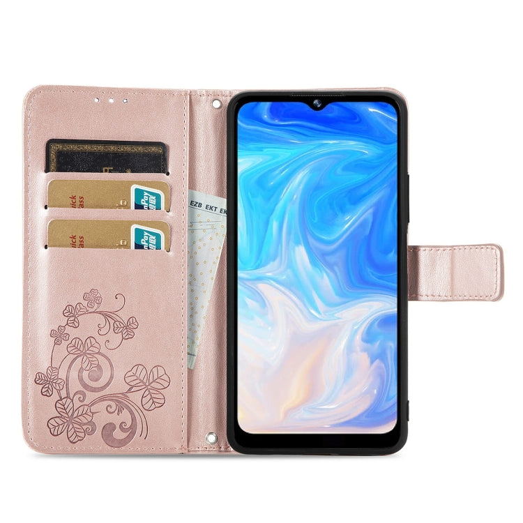 For DOOGEE N40 Pro Four-leaf Clasp Embossed Leather Case with Lanyard & Card Slot & Wallet & Holder