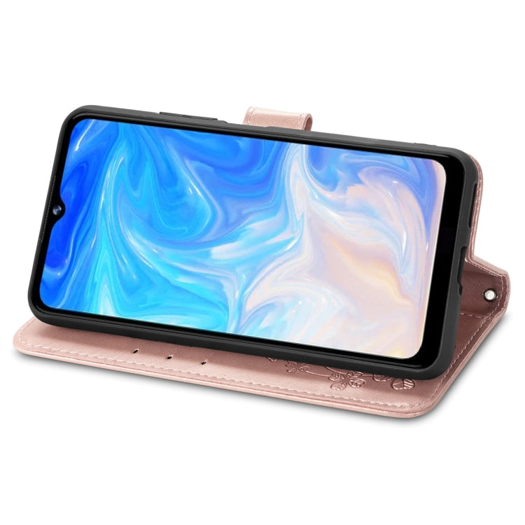 For DOOGEE N40 Pro Four-leaf Clasp Embossed Leather Case with Lanyard & Card Slot & Wallet & Holder