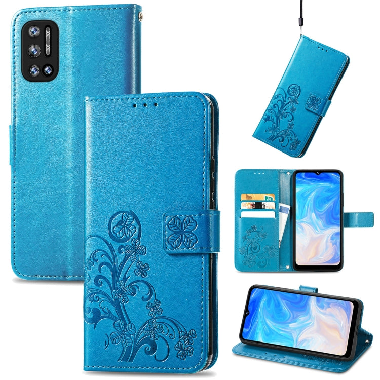 For DOOGEE N40 Pro Four-leaf Clasp Embossed Leather Case with Lanyard & Card Slot & Wallet & Holder
