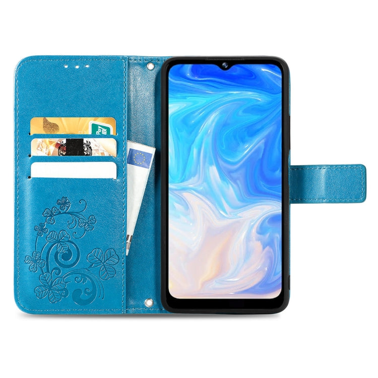 For DOOGEE N40 Pro Four-leaf Clasp Embossed Leather Case with Lanyard & Card Slot & Wallet & Holder