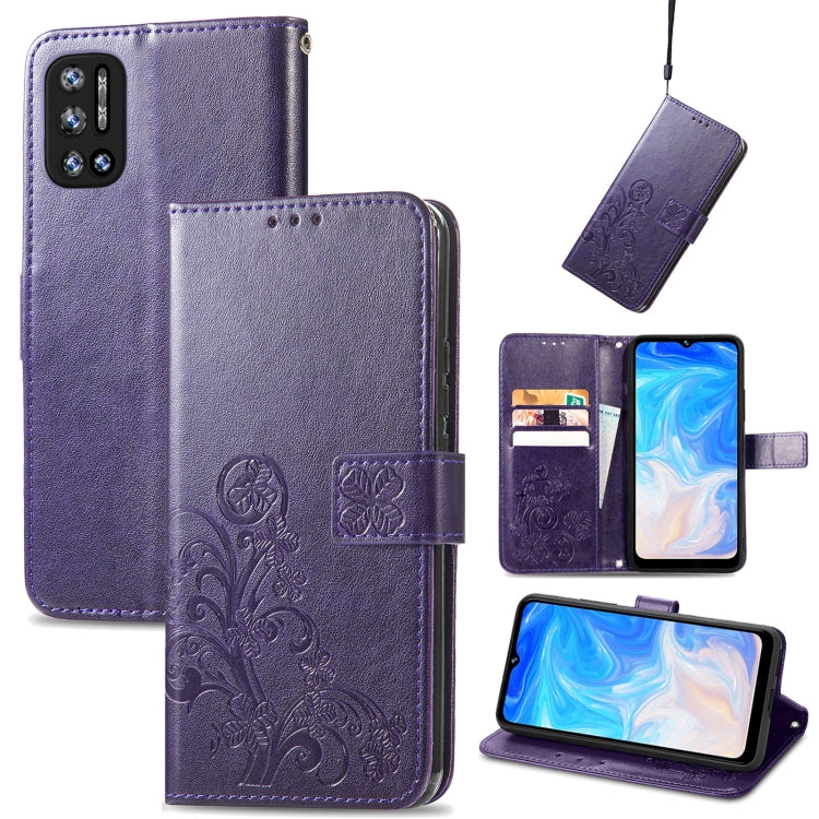 For DOOGEE N40 Pro Four-leaf Clasp Embossed Leather Case with Lanyard & Card Slot & Wallet & Holder