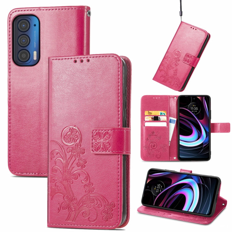 For Motorola Moto Edge 2021 Four-leaf Clasp Embossed Leather Case with Lanyard & Card Slots & Wallet & Holder