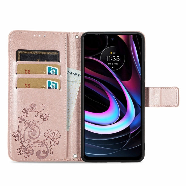 For Motorola Moto Edge 2021 Four-leaf Clasp Embossed Leather Case with Lanyard & Card Slots & Wallet & Holder