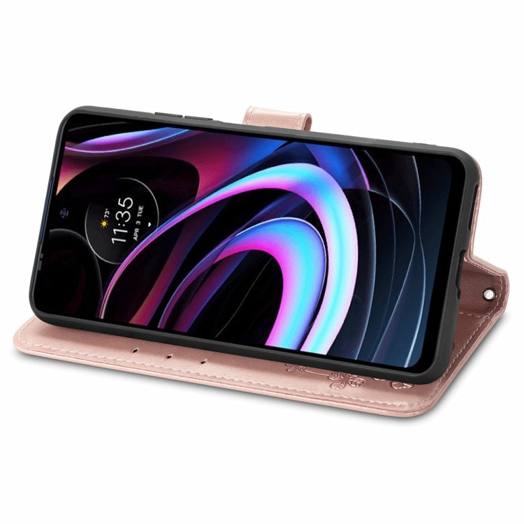 For Motorola Moto Edge 2021 Four-leaf Clasp Embossed Leather Case with Lanyard & Card Slots & Wallet & Holder