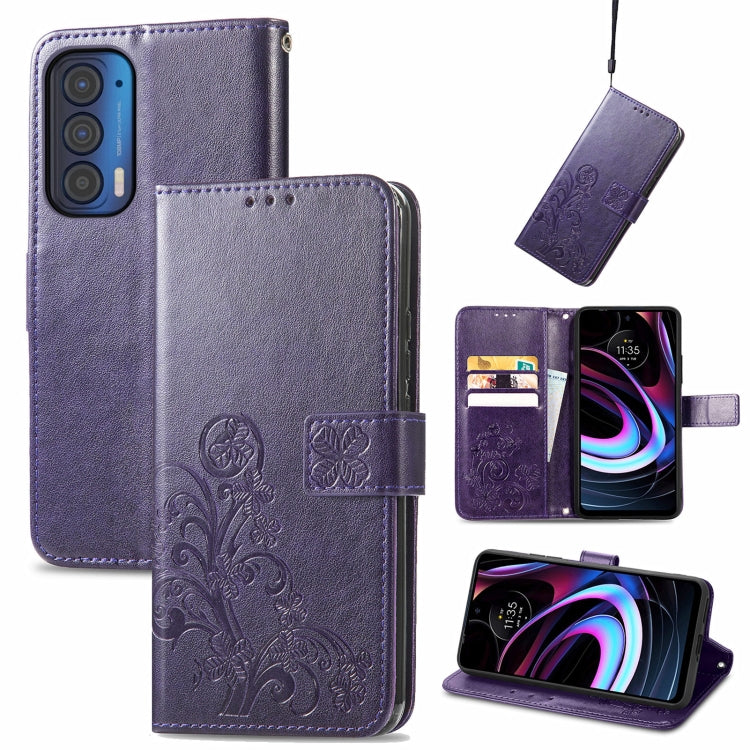 For Motorola Moto Edge 2021 Four-leaf Clasp Embossed Leather Case with Lanyard & Card Slots & Wallet & Holder