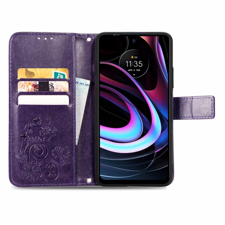 For Motorola Moto Edge 2021 Four-leaf Clasp Embossed Leather Case with Lanyard & Card Slots & Wallet & Holder