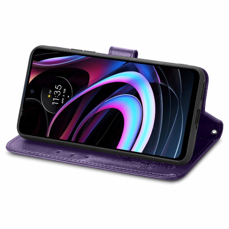 For Motorola Moto Edge 2021 Four-leaf Clasp Embossed Leather Case with Lanyard & Card Slots & Wallet & Holder