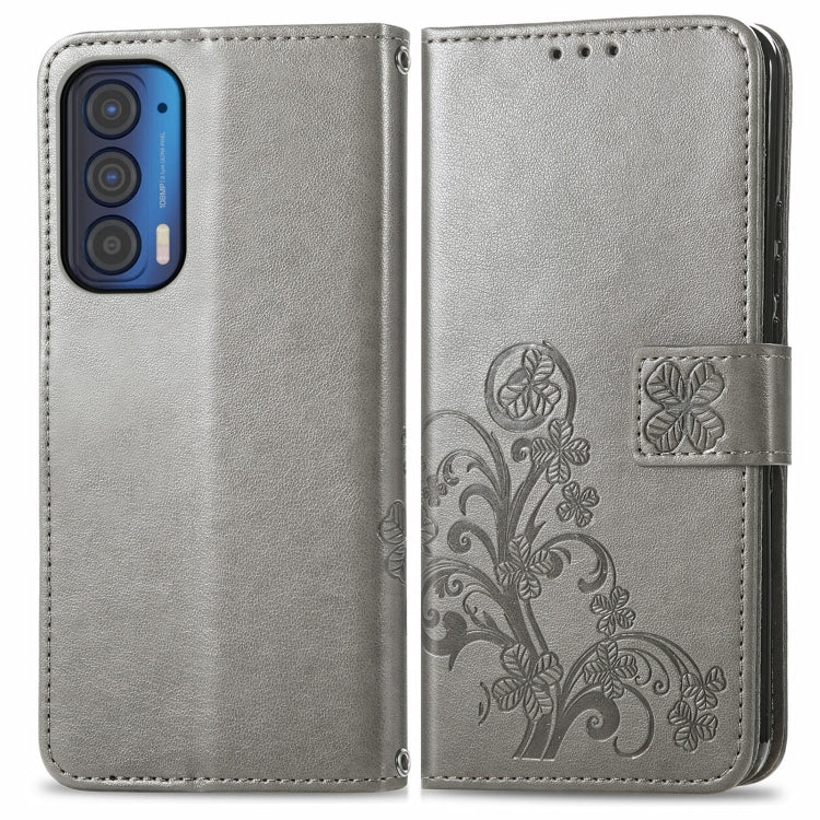 For Motorola Moto Edge 2021 Four-leaf Clasp Embossed Leather Case with Lanyard & Card Slots & Wallet & Holder