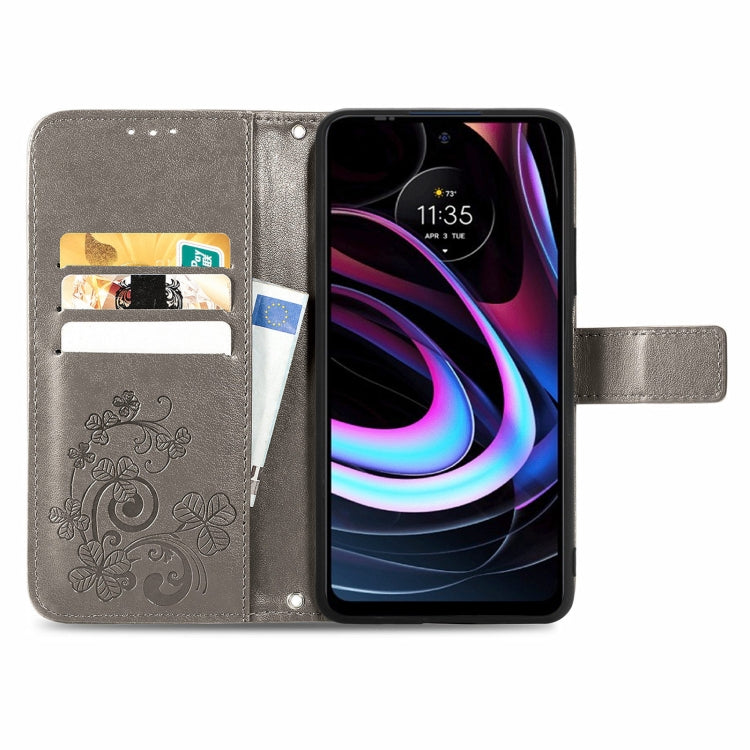 For Motorola Moto Edge 2021 Four-leaf Clasp Embossed Leather Case with Lanyard & Card Slots & Wallet & Holder