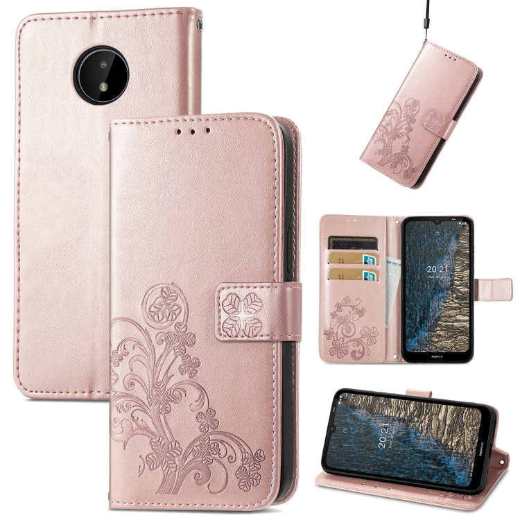 For Nokia C20 Four-leaf Clasp Embossed Leather Case with Lanyard & Card Slot & Wallet & Holder