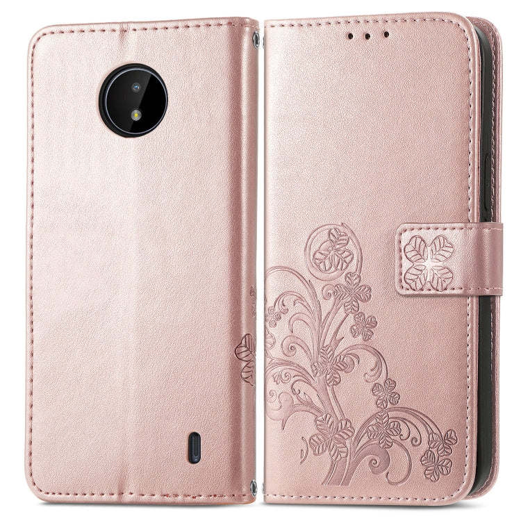 For Nokia C20 Four-leaf Clasp Embossed Leather Case with Lanyard & Card Slot & Wallet & Holder