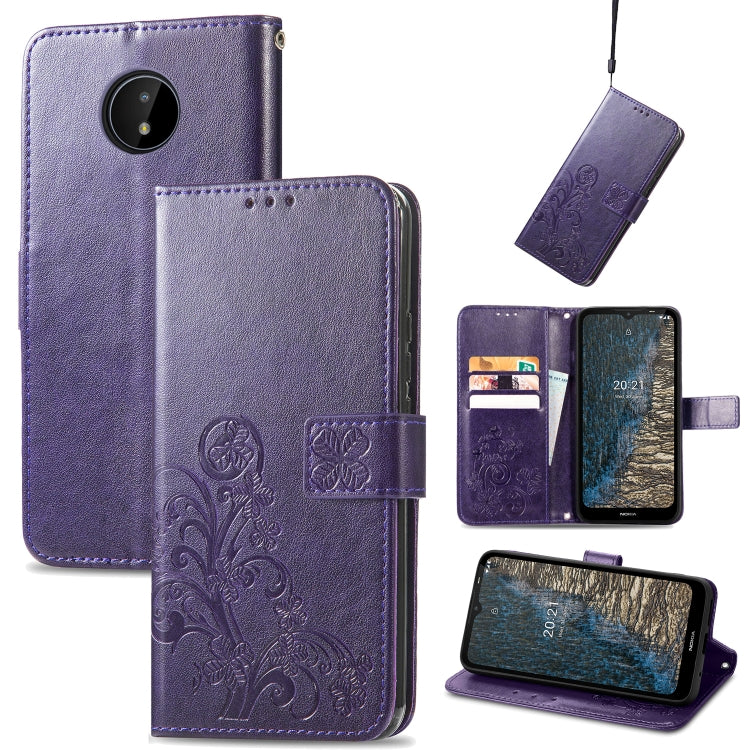For Nokia C20 Four-leaf Clasp Embossed Leather Case with Lanyard & Card Slot & Wallet & Holder