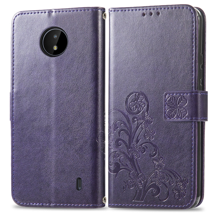For Nokia C20 Four-leaf Clasp Embossed Leather Case with Lanyard & Card Slot & Wallet & Holder