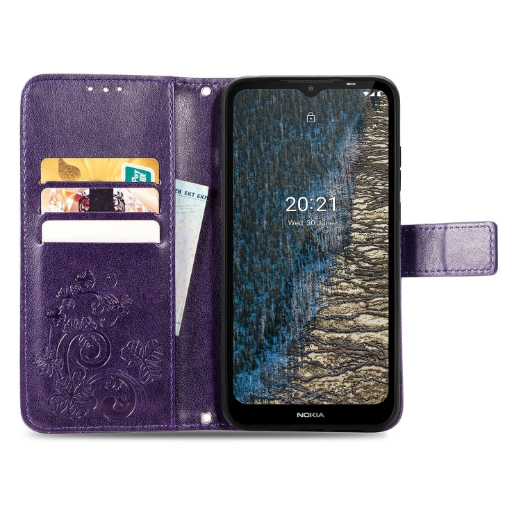 For Nokia C20 Four-leaf Clasp Embossed Leather Case with Lanyard & Card Slot & Wallet & Holder