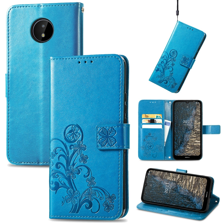For Nokia C20 Four-leaf Clasp Embossed Leather Case with Lanyard & Card Slot & Wallet & Holder