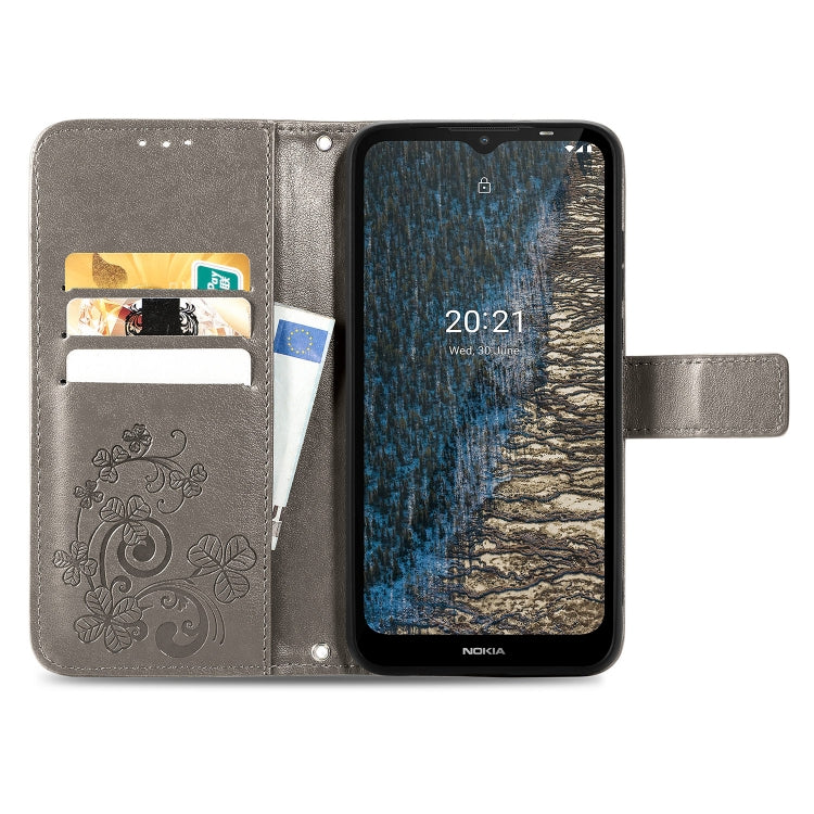 For Nokia C20 Four-leaf Clasp Embossed Leather Case with Lanyard & Card Slot & Wallet & Holder