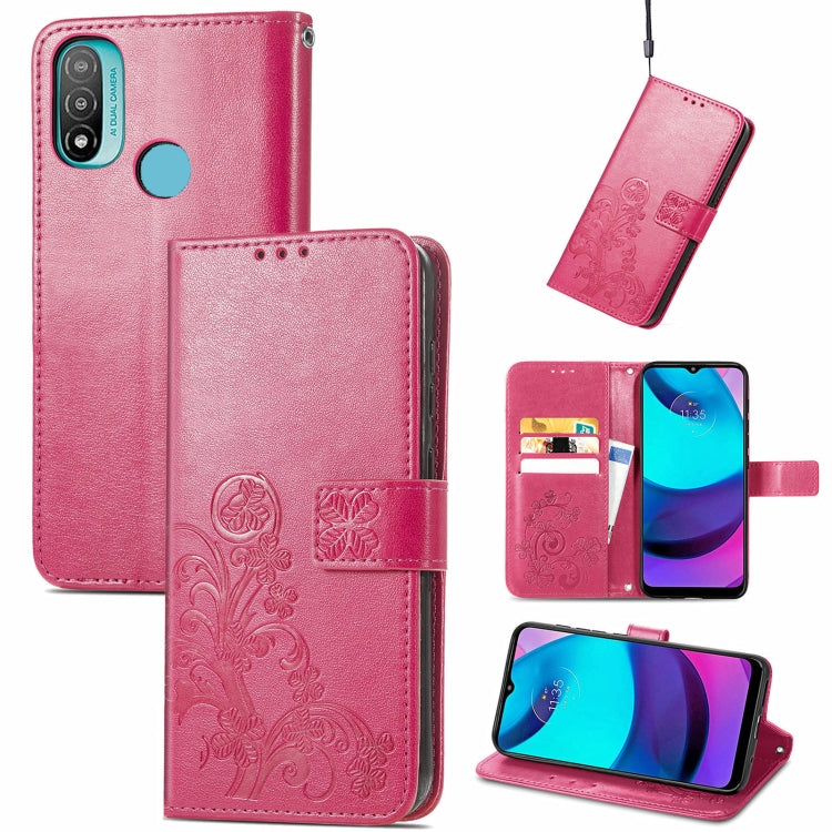 For Motorola Moto E20 Four-leaf Clasp Embossed Leather Case with Lanyard & Card Slot & Wallet & Holder