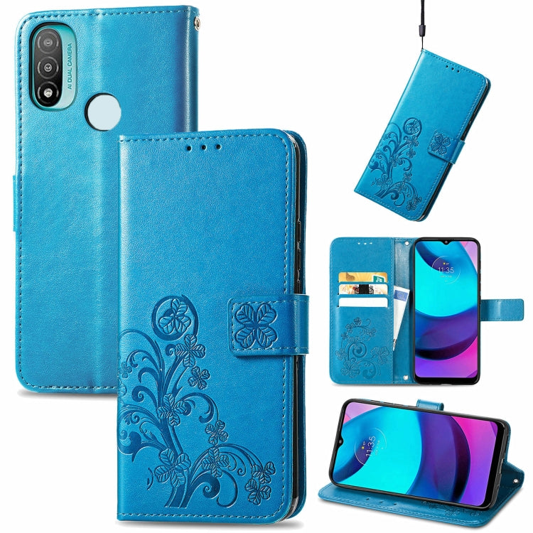 For Motorola Moto E20 Four-leaf Clasp Embossed Leather Case with Lanyard & Card Slot & Wallet & Holder