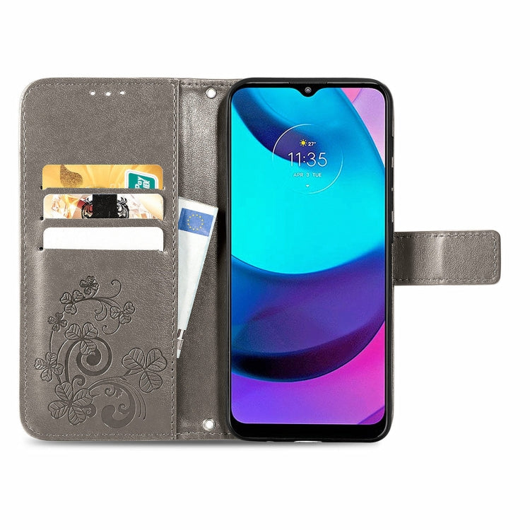 For Motorola Moto E20 Four-leaf Clasp Embossed Leather Case with Lanyard & Card Slot & Wallet & Holder