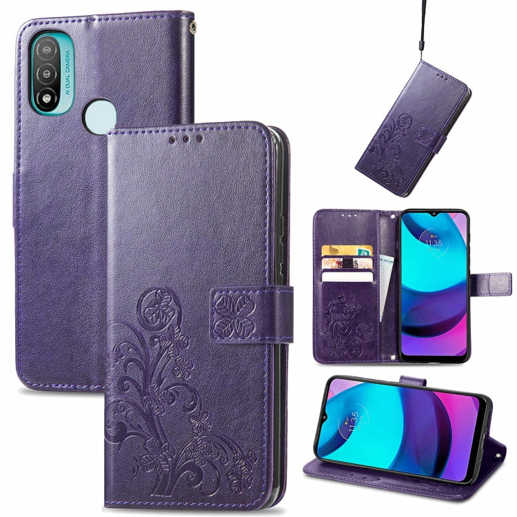 For Motorola Moto E20 Four-leaf Clasp Embossed Leather Case with Lanyard & Card Slot & Wallet & Holder