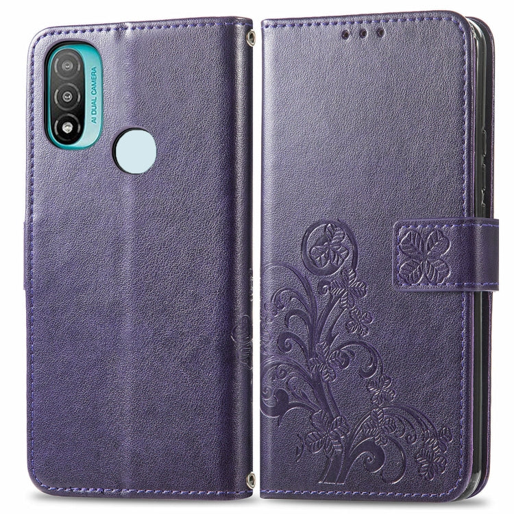 For Motorola Moto E20 Four-leaf Clasp Embossed Leather Case with Lanyard & Card Slot & Wallet & Holder