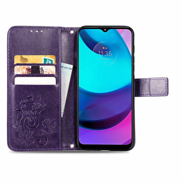 For Motorola Moto E20 Four-leaf Clasp Embossed Leather Case with Lanyard & Card Slot & Wallet & Holder