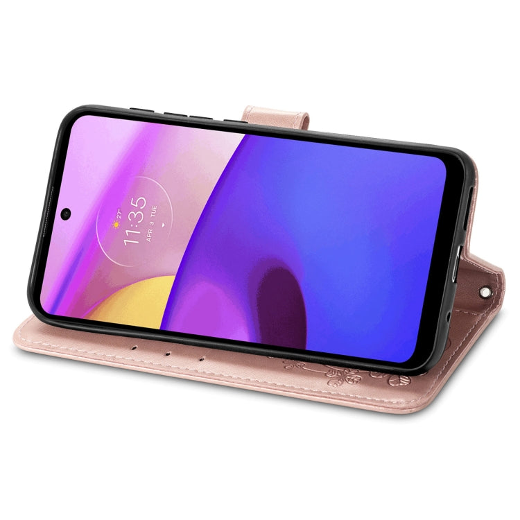 For Motorola Moto E40 Four-leaf Clasp Embossed Leather Case with Lanyard & Card Slot & Wallet & Holder