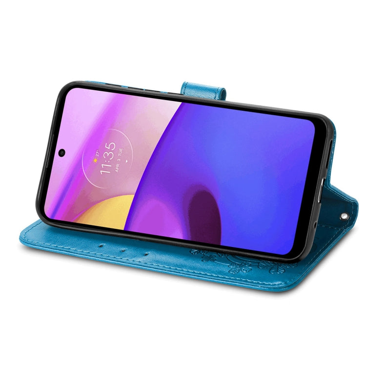 For Motorola Moto E40 Four-leaf Clasp Embossed Leather Case with Lanyard & Card Slot & Wallet & Holder