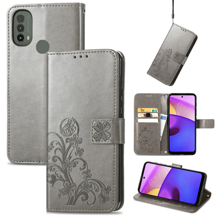 For Motorola Moto E40 Four-leaf Clasp Embossed Leather Case with Lanyard & Card Slot & Wallet & Holder