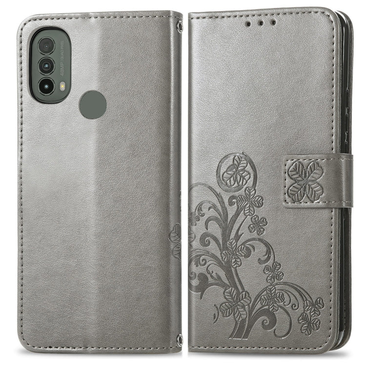 For Motorola Moto E40 Four-leaf Clasp Embossed Leather Case with Lanyard & Card Slot & Wallet & Holder