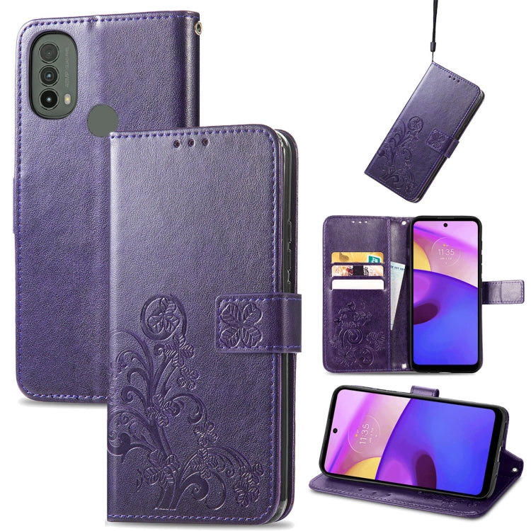 For Motorola Moto E40 Four-leaf Clasp Embossed Leather Case with Lanyard & Card Slot & Wallet & Holder