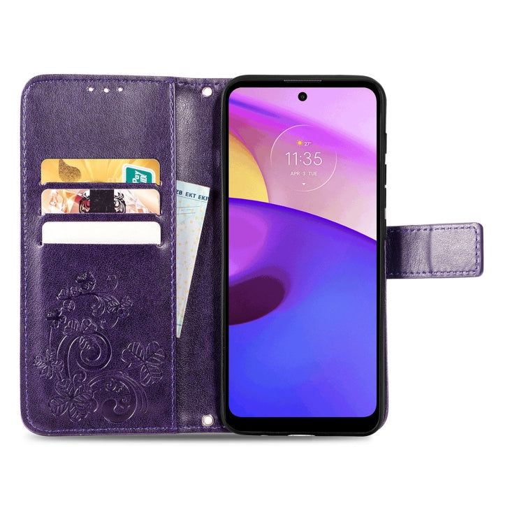 For Motorola Moto E40 Four-leaf Clasp Embossed Leather Case with Lanyard & Card Slot & Wallet & Holder