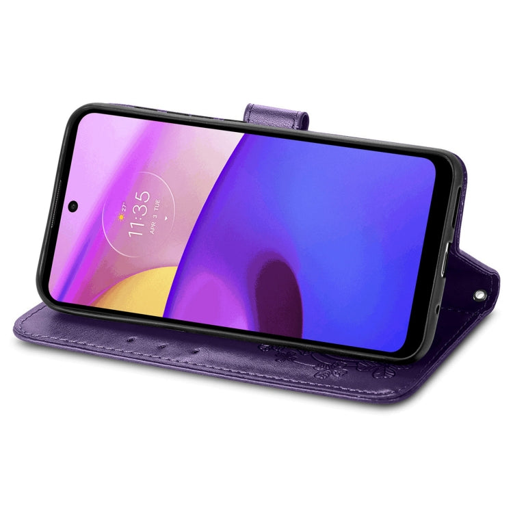 For Motorola Moto E40 Four-leaf Clasp Embossed Leather Case with Lanyard & Card Slot & Wallet & Holder