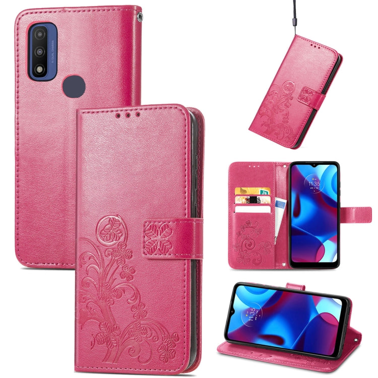 For Motorola Moto G Pure Four-leaf Clasp Embossed Leather Case with Lanyard & Card Slot & Wallet & Holder