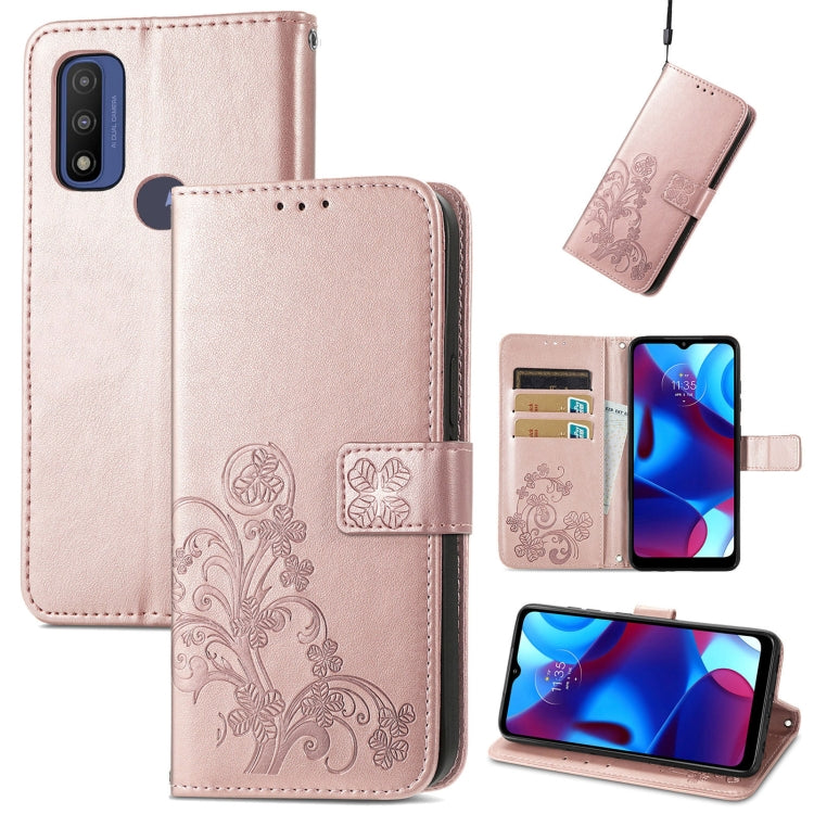 For Motorola Moto G Pure Four-leaf Clasp Embossed Leather Case with Lanyard & Card Slot & Wallet & Holder