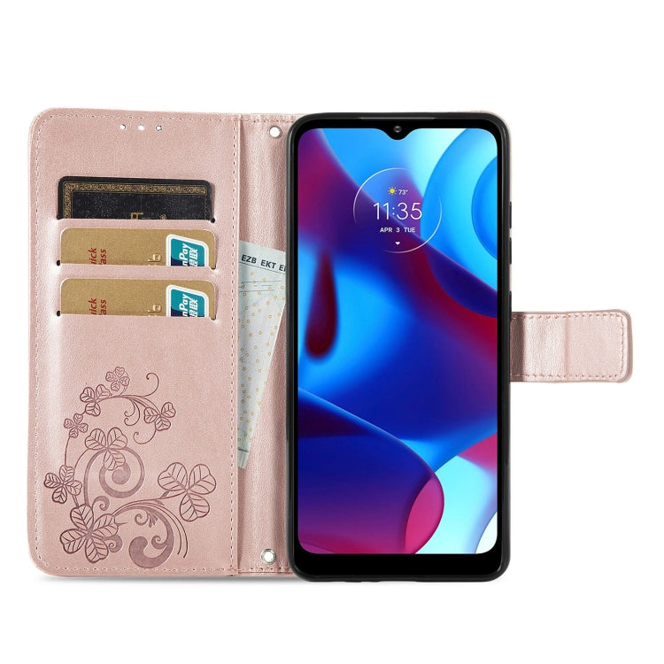 For Motorola Moto G Pure Four-leaf Clasp Embossed Leather Case with Lanyard & Card Slot & Wallet & Holder