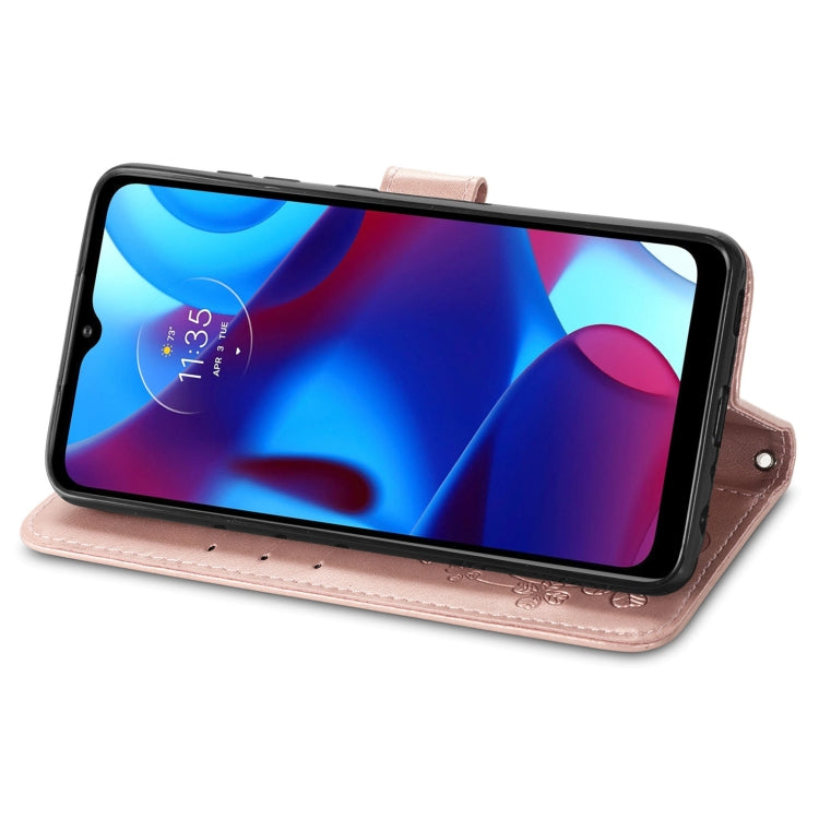 For Motorola Moto G Pure Four-leaf Clasp Embossed Leather Case with Lanyard & Card Slot & Wallet & Holder