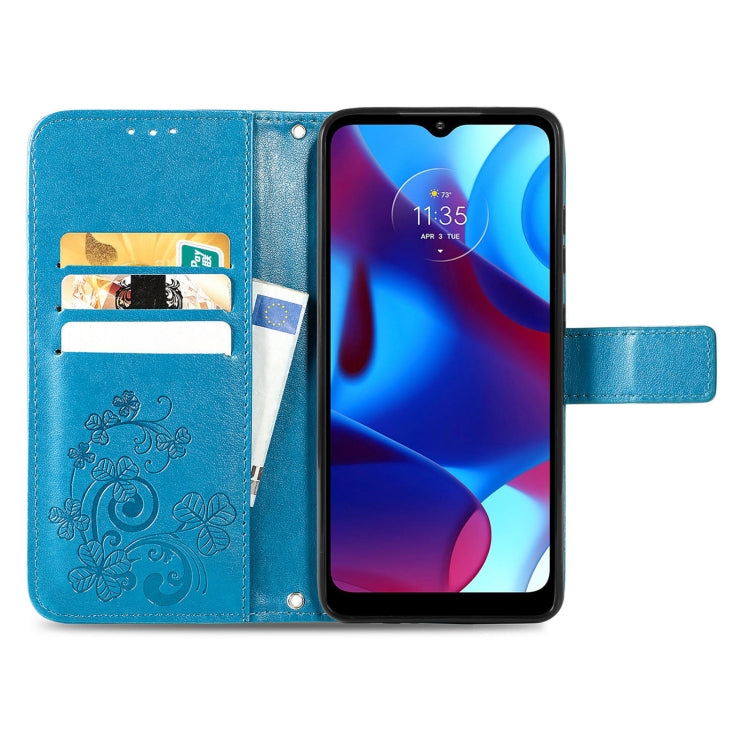 For Motorola Moto G Pure Four-leaf Clasp Embossed Leather Case with Lanyard & Card Slot & Wallet & Holder