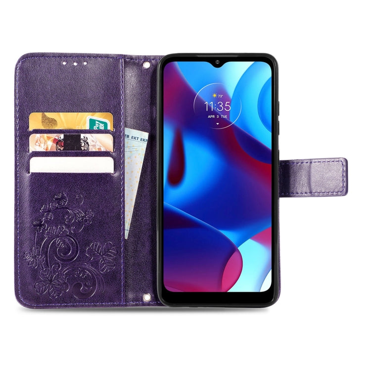 For Motorola Moto G Pure Four-leaf Clasp Embossed Leather Case with Lanyard & Card Slot & Wallet & Holder