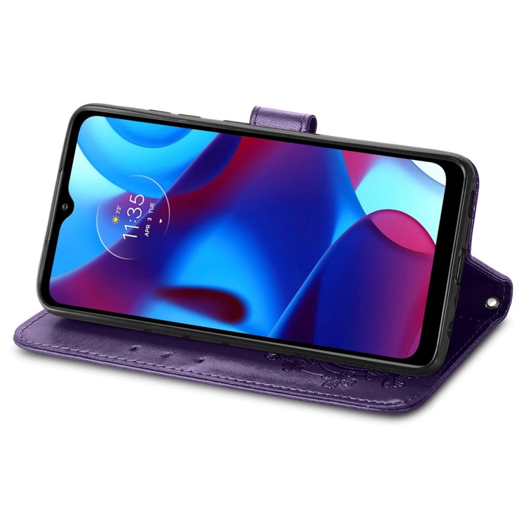 For Motorola Moto G Pure Four-leaf Clasp Embossed Leather Case with Lanyard & Card Slot & Wallet & Holder