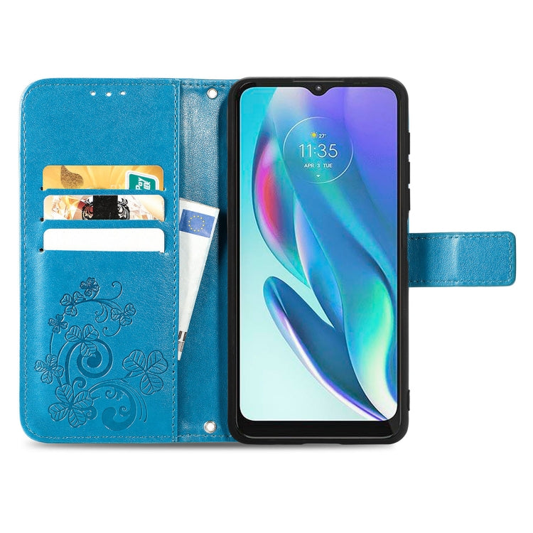 For Motorola Moto G50 5G Four-leaf Clasp Embossed Leather Case with Lanyard & Card Slot & Wallet & Holder