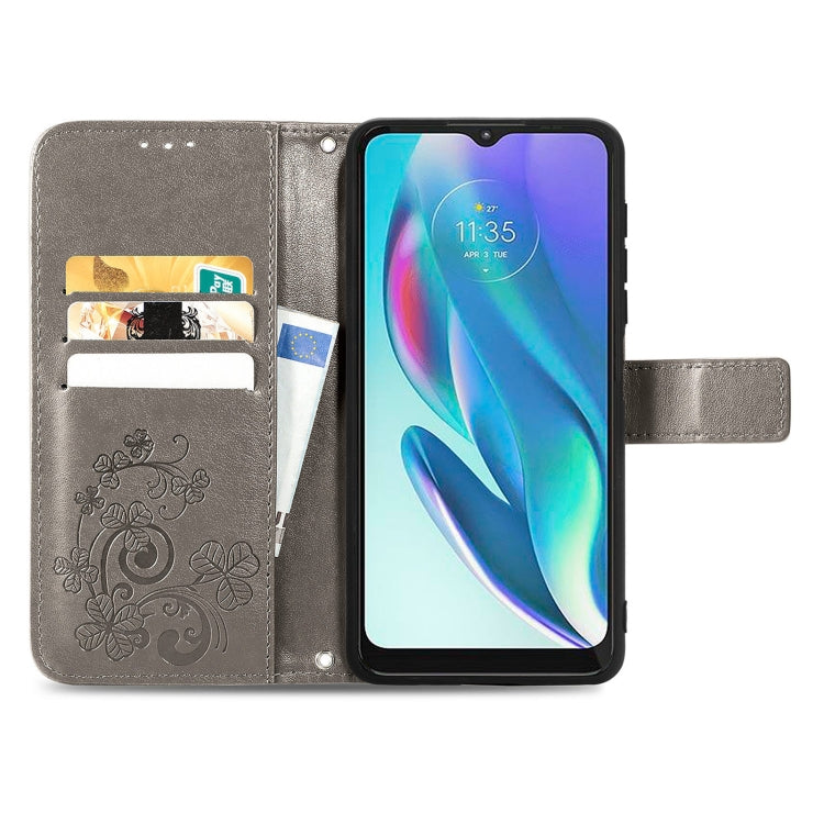 For Motorola Moto G50 5G Four-leaf Clasp Embossed Leather Case with Lanyard & Card Slot & Wallet & Holder