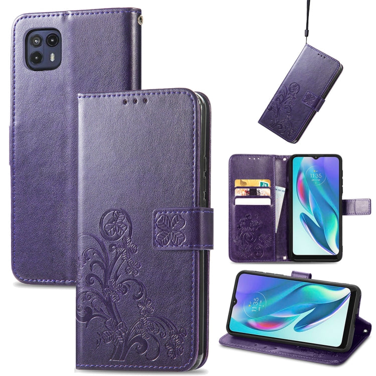 For Motorola Moto G50 5G Four-leaf Clasp Embossed Leather Case with Lanyard & Card Slot & Wallet & Holder