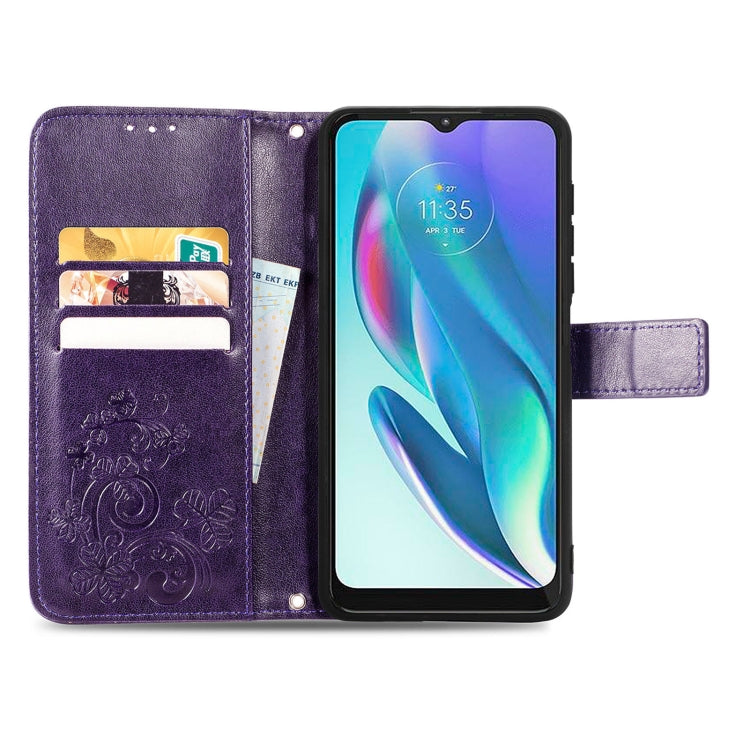 For Motorola Moto G50 5G Four-leaf Clasp Embossed Leather Case with Lanyard & Card Slot & Wallet & Holder