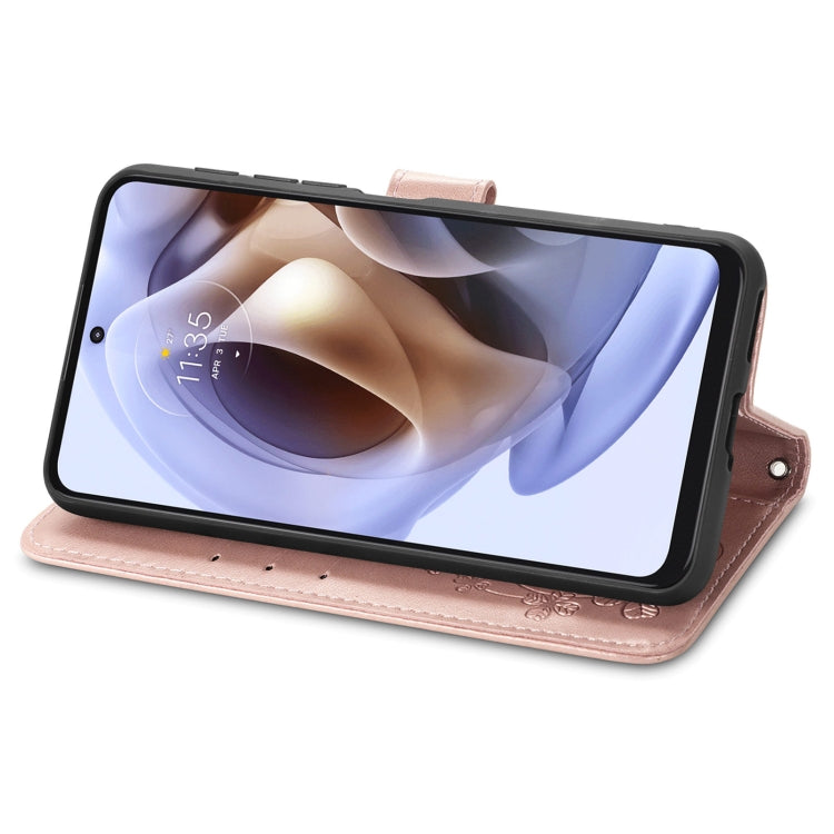 For Motorola Moto G31 Four-leaf Clasp Embossed Buckle Leather Phone Case