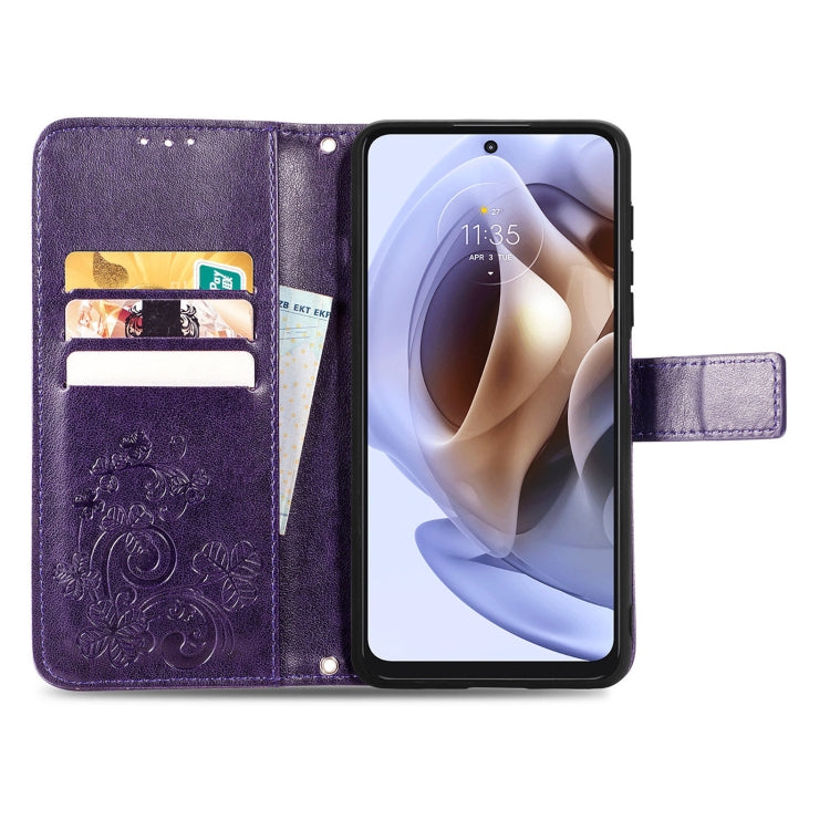 For Motorola Moto G31 Four-leaf Clasp Embossed Buckle Leather Phone Case
