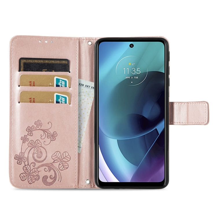 For Motorola Moto G51 5G Four-leaf Clasp Embossed Buckle Leather Phone Case