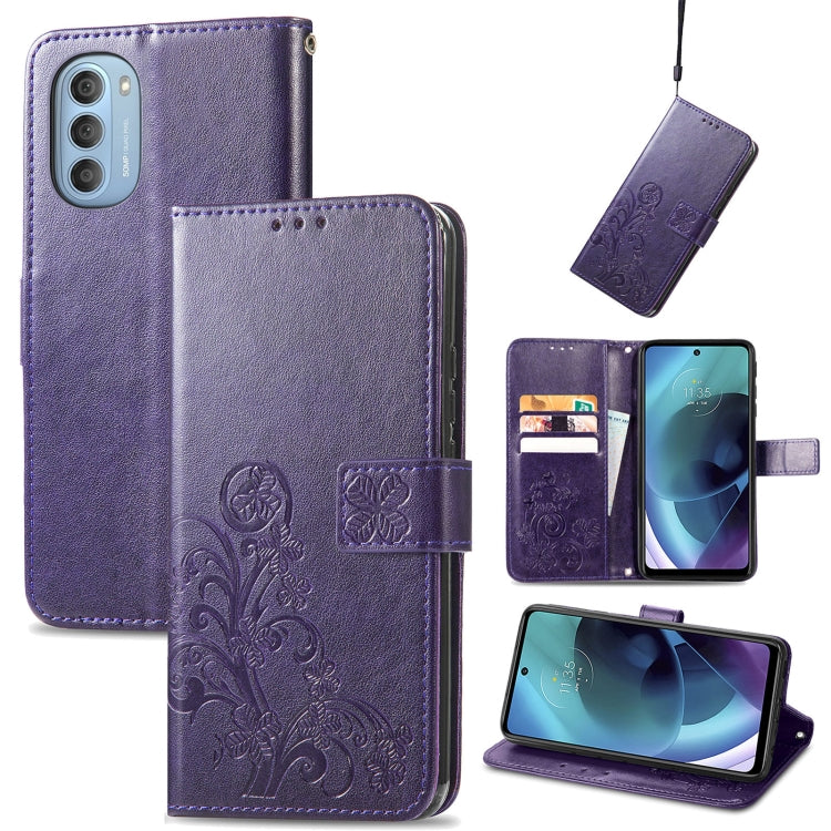 For Motorola Moto G51 5G Four-leaf Clasp Embossed Buckle Leather Phone Case