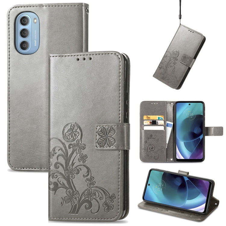 For Motorola Moto G51 5G Four-leaf Clasp Embossed Buckle Leather Phone Case