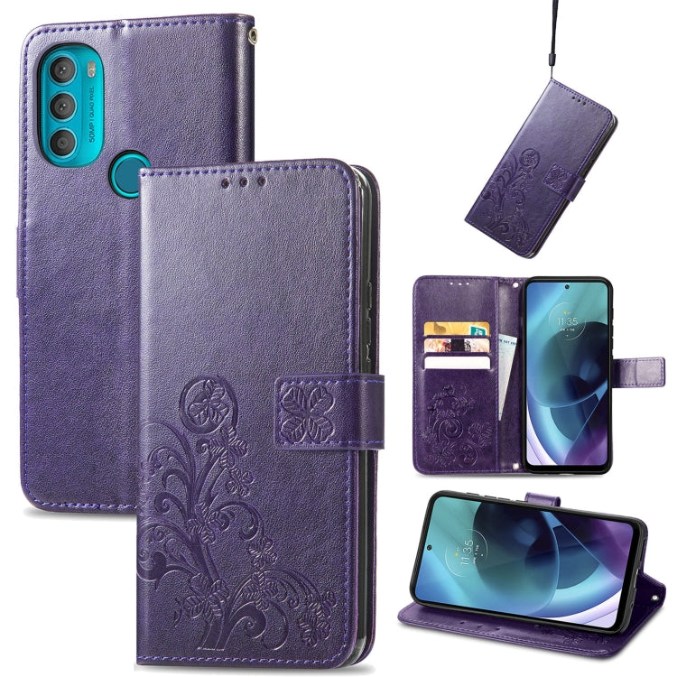 For Motorola Moto G71 5G Four-leaf Clasp Embossed Buckle Leather Phone Case